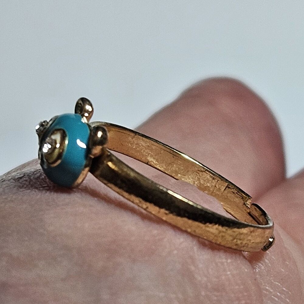 Gold Tone Blue Enamel Bear Face Ring Clear Rhinestone Eyes Adjustable Size 7.25 - Picture 4 of 12